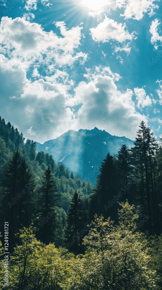 Obraz premium Verdant forest meets majestic peaks under bright sky Trees and mountain evoke tranquility of great outdoors