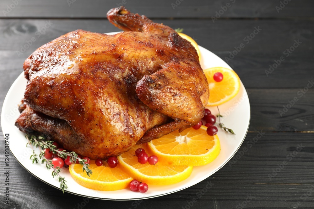 Delicious baked turkey, orange slices, cranberries and thyme on gray wooden table, closeup Delicious baked turkey, orange slices, cranberries and thyme on gray wooden table, closeup