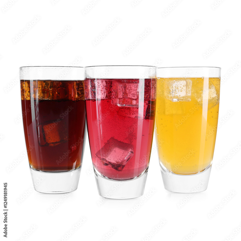 Soda water of different flavors with ice cubes in glasses isolated on white Soda water of different flavors with ice cubes in glasses isolated on white