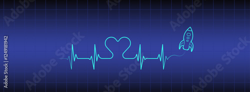 Editable line blue ekg monitor, cardio diagnosis, heart icon, spaceship vector. Heart rhythm line vector design to use for healthcare, healthy lifestyle, medicine, ekg, ecg illustration projects. 