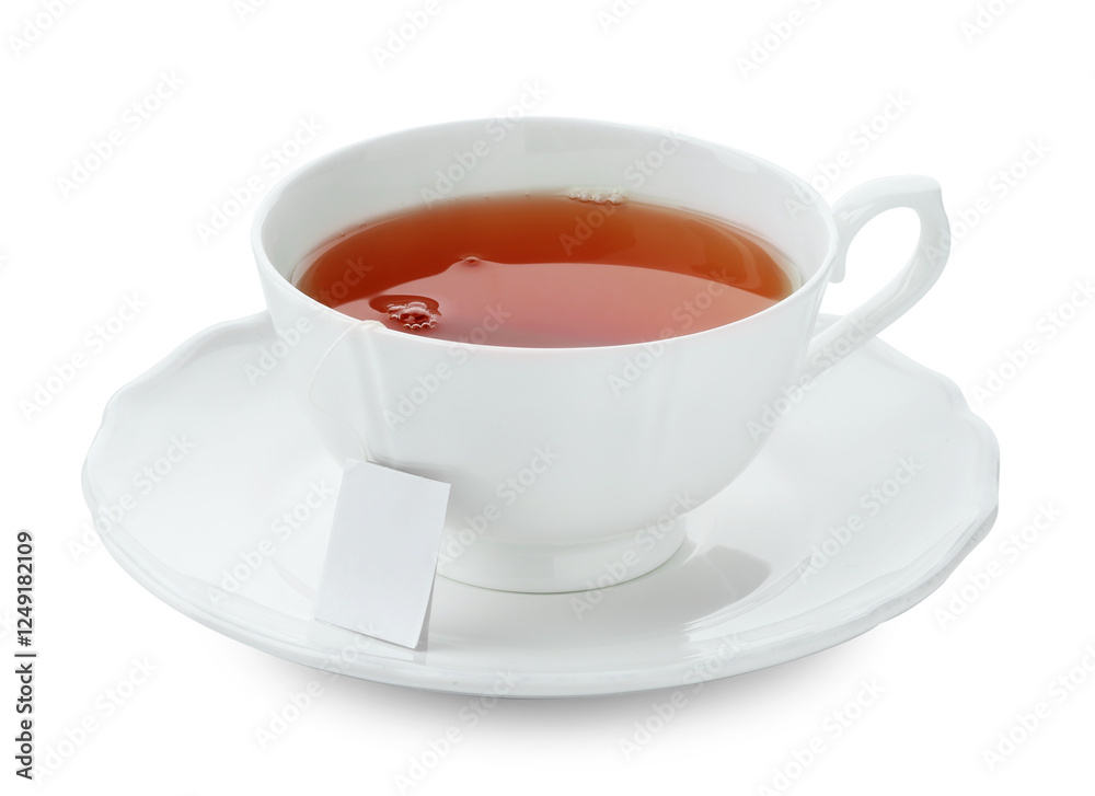 Tea bag in cup with hot drink isolated on white Tea bag in cup with hot drink isolated on white