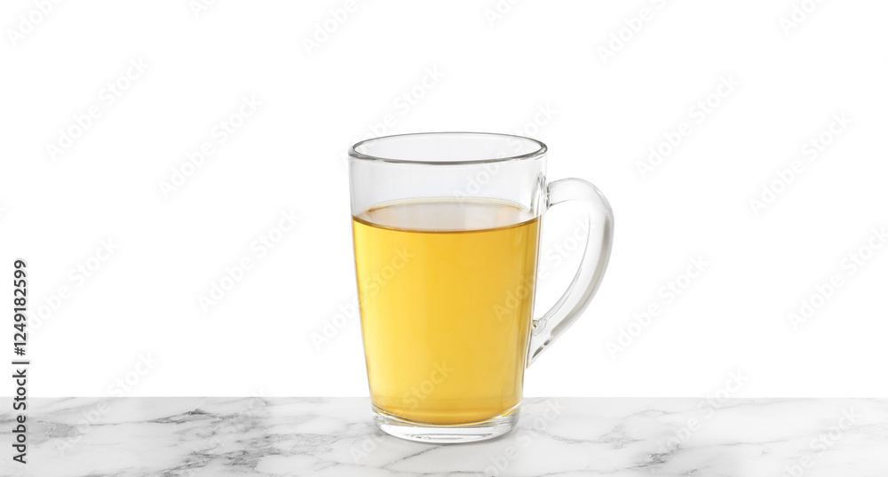 Refreshing green tea in cup on marble table against white background Refreshing green tea in cup on marble table against white background