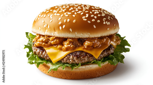 A hearty burger with a sesame seed bun, juicy patty, melted cheese, chili and leafy greens is displayed on white. photo