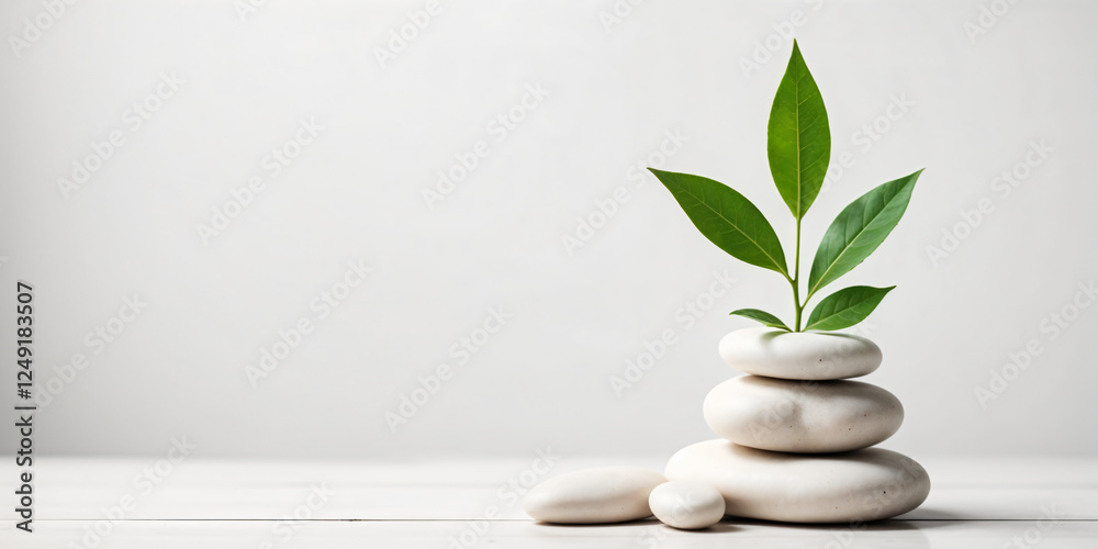 Top view of natural white stones and leaves on a white background. Spa background, top view. A tropical summer background for luxury product placement Top view of natural white stones and leaves on a white background. Spa background, top view. A tropical summer background for luxury product placement