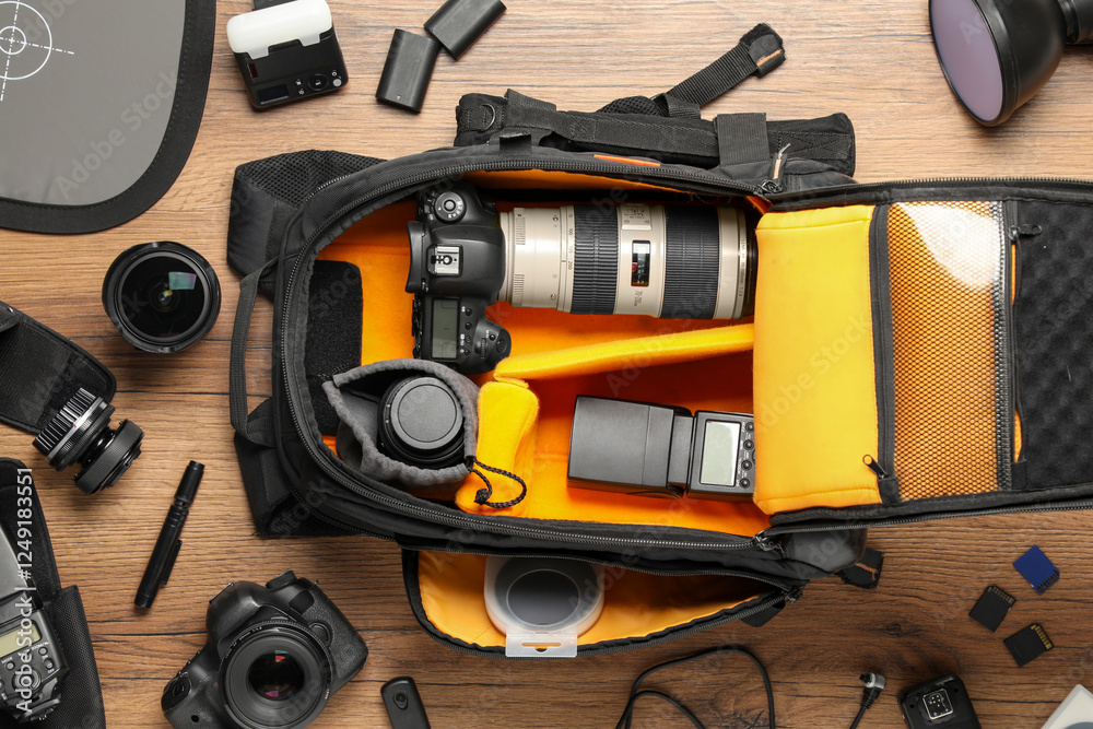 Professional photographer's equipment and backpack on wooden background, flat lay Professional photographer's equipment and backpack on wooden background, flat lay