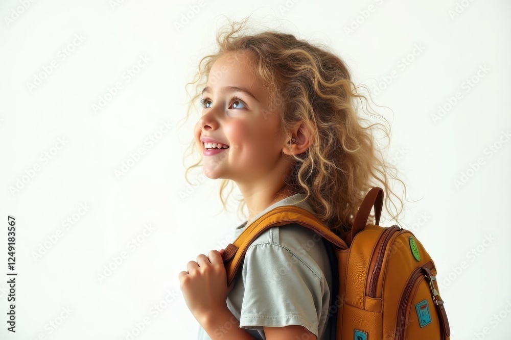 Cheerful child with curly hair happily looking up while carrying a yellow backpack in a bright indoor setting Cheerful child with curly hair happily looking up while carrying a yellow backpack in a bright indoor setting