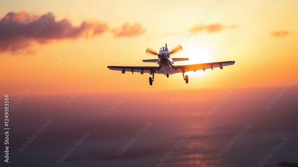 Serene Sunset Scene Featuring Warplane Over Ocean Serene Sunset Scene Featuring Warplane Over Ocean