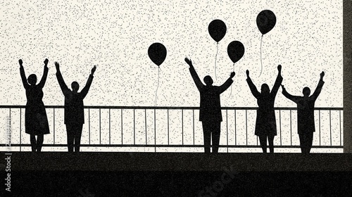 Silhouetted figures on bridge releasing balloons arms raised in celebration against speckled sky moment of joy and freedom photo