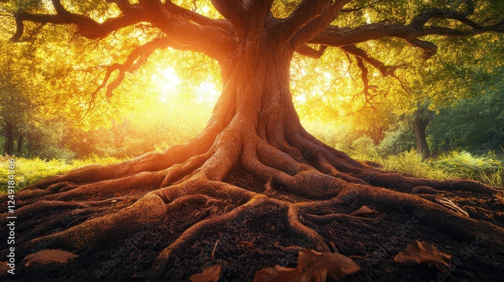 Naklejka premium Majestic ancient tree roots, sunset park, nature background, website banner