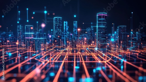 The skyline of a futuristic city, glowing with vibrant holograms and dynamic lighting, representing cutting-edge urban life. photo