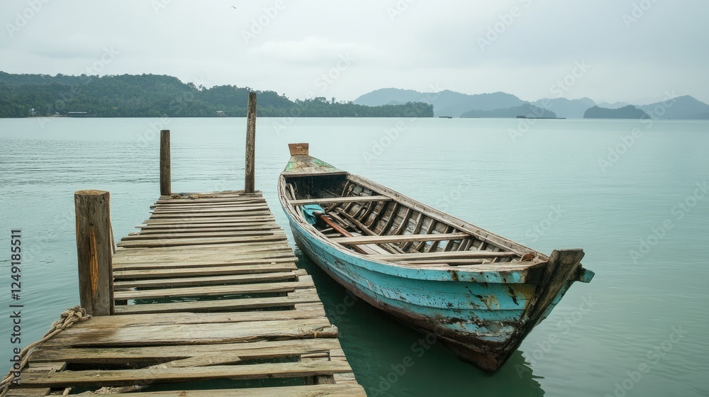Travel inspiration with a traditional wooden boat moored at a pier, overlooking the iconic Phang-Nga Bay landscape in Phuket, Thailand. Travel inspiration with a traditional wooden boat moored at a pier, overlooking the iconic Phang-Nga Bay landscape in Phuket, Thailand.