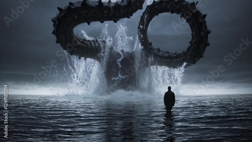 Mysterious sea monster rising from dark ocean waters near solitary man figure. Generative ai