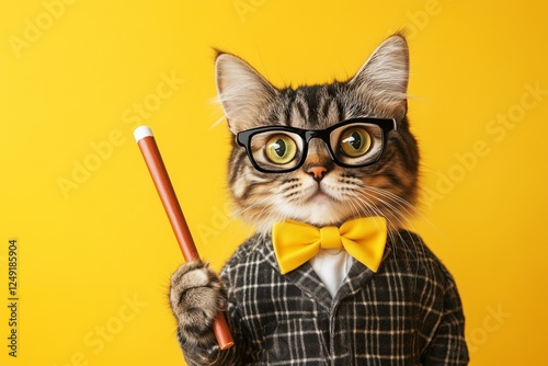 A cat dressed as a teacher on yellow background.