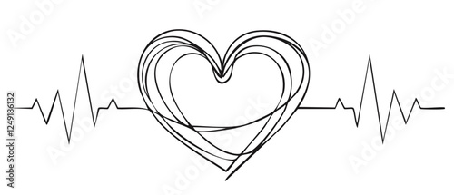 Continuous line heart with electrocardiogram beat. Love - decoration in a simple linear style, vector graphic illustration, greeting card, sublimation, embroidery,