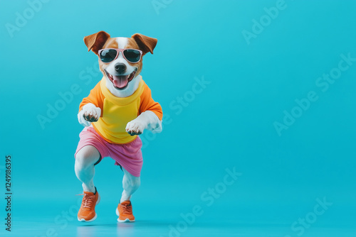 Cute funny dog in a sports outfit ready to run against a blue background.