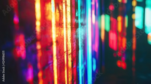 Vertical lines of vibrant light with digital glitch effects on a dark background, creating a futuristic visual.