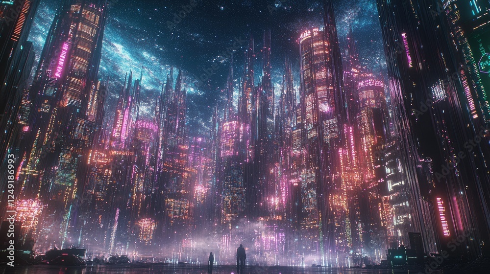 Vibrant skyscrapers of a futuristic city are adorned with glowing digital graphs and data visualizations under a starry sky. Vibrant skyscrapers of a futuristic city are adorned with glowing digital graphs and data visualizations under a starry sky.