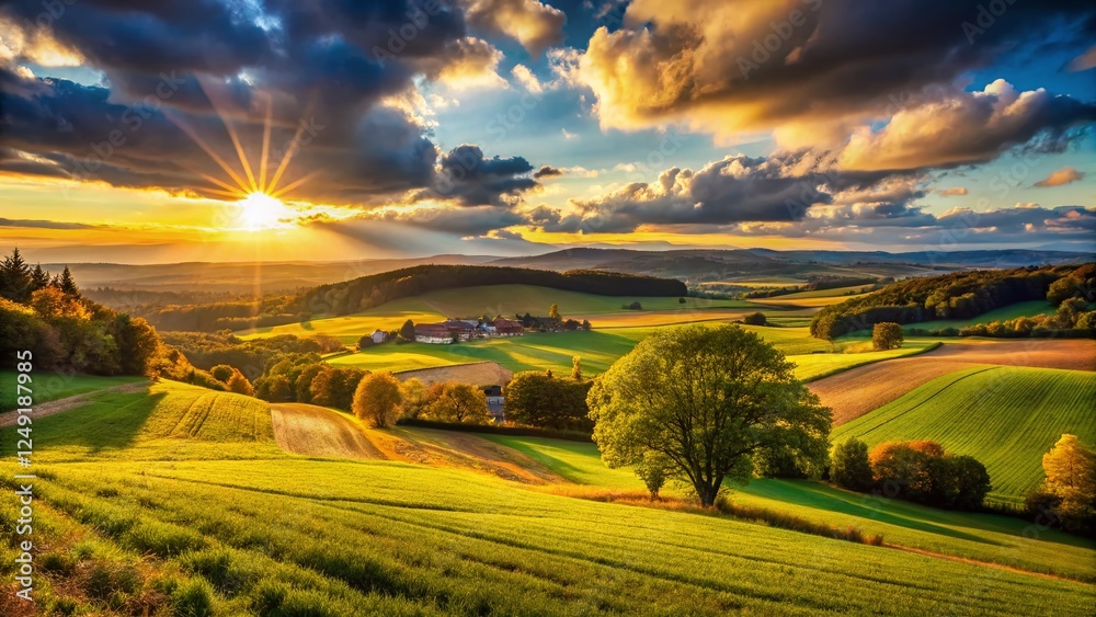 Fototapeta premium Sunset Landscape near Hirschberg, Germany: Golden Hour over Farmland Field