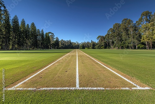 Cricket pitch with crease lines and boundary markers visible