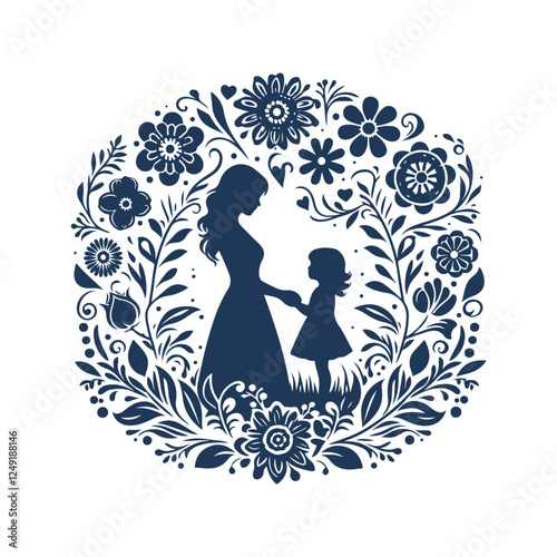 Mother and Son Silhouette Surrounded by Abstract Floral Leaves