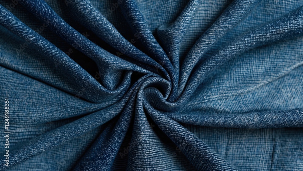Fototapeta premium Close-up view of swirling dark blue fabric with textured patterns, creating an elegant and rich appearance