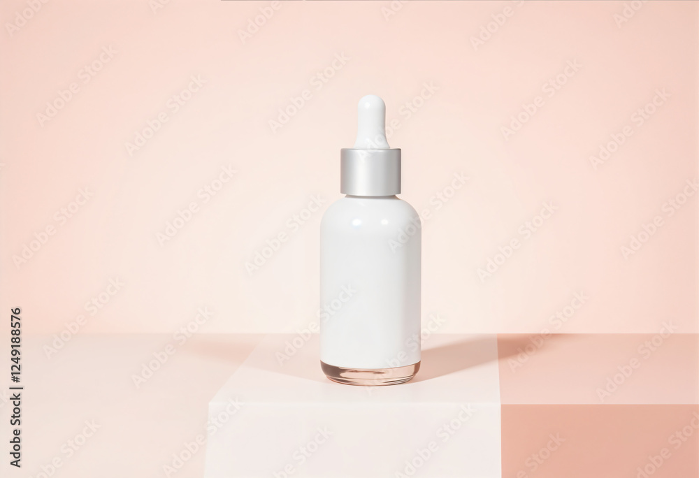 Frosted glass bottle with dropper with silver metallic cup isolated on white background, top view. Mockup cosmetic product Frosted glass bottle with dropper with silver metallic cup isolated on white background, top view. Mockup cosmetic product