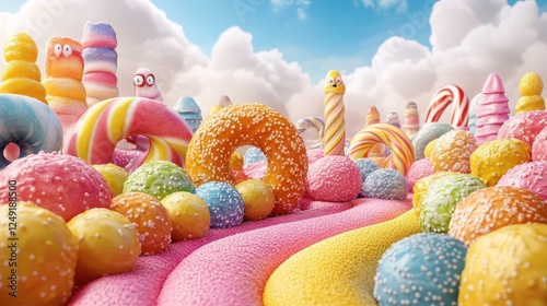 Candyland landscape, whimsical sweetscape, playful background, fun imagery, child-friendly illustration photo