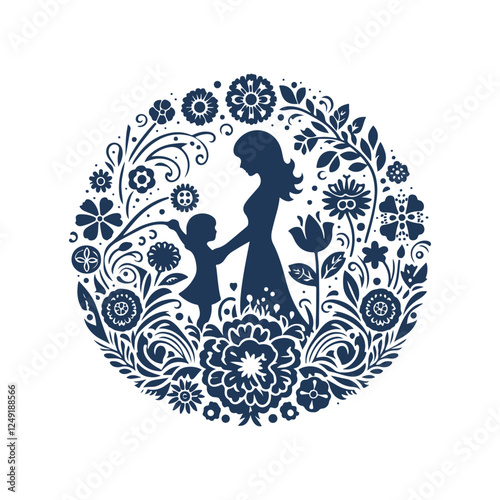 Mother and Son Silhouette Surrounded by Abstract Floral Leaves