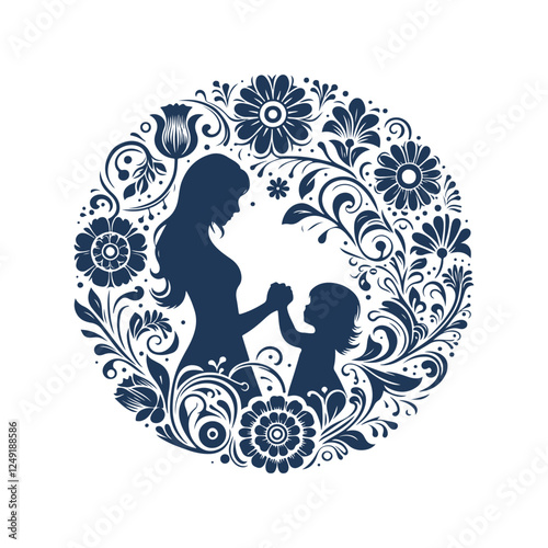 Elegant Mother and Son Silhouette with Botanical Vector Elements