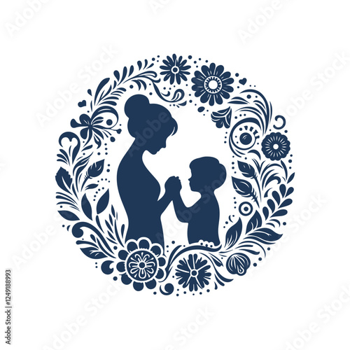 Elegant Mother and Son Silhouette with Botanical Vector Elements