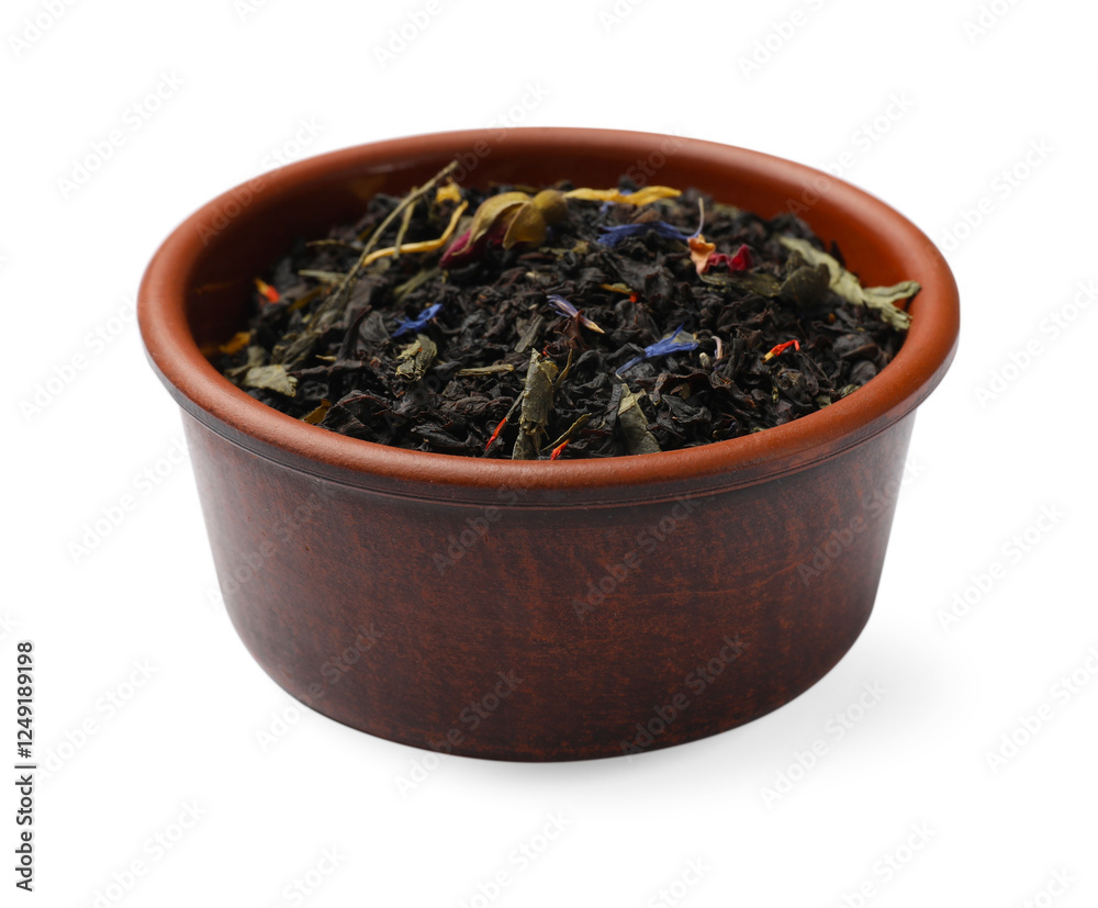 Dry tea leaves in bowl isolated on white Dry tea leaves in bowl isolated on white