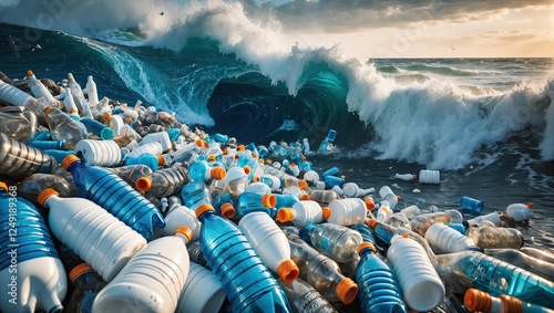 Vast beach covered with plastic bottles against crashing ocean waves under a dramatic sky photo