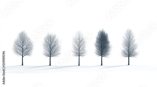 Minimalistic trees in serene winter landscape with soft shadows