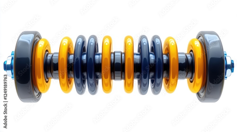 Abstract 3D render of a futuristic, metallic barbell with orange and black rings. Abstract 3D render of a futuristic, metallic barbell with orange and black rings.