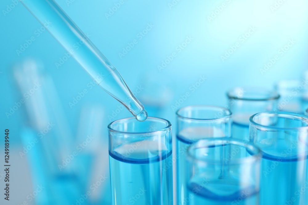 Dripping liquid into test tubes on blue background, closeup Dripping liquid into test tubes on blue background, closeup
