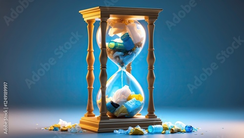 An hourglass filled with vibrant blue and yellow plastic waste, symbolizing the passage of time and environmental impact. Light illuminates the sand photo