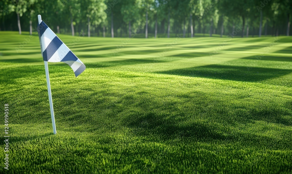 Obraz premium Golf course green flag, sunny day, forest background; website banner