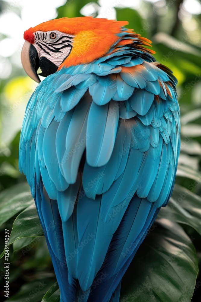 Obraz premium Close-up photo of a vividly colored, exotic macaw parrot with bright green and blue feathers. The bird's head and beak are clearly visible against the backdrop of green foliage.