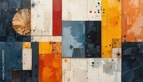 Dynamic interplay of colors and shapes creates a modern abstract artwork full of depth and emotion in a studio setting