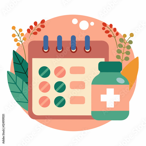 colorful medication schedule with a pill bottle and decorative leaves for health management