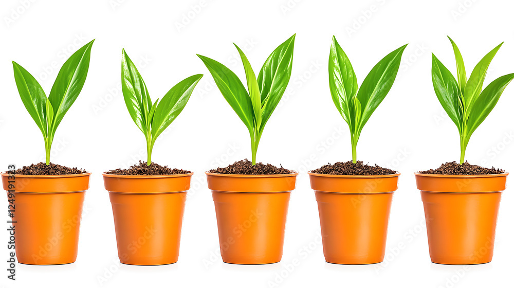 Fototapeta premium Five Stages Of Growing Plants In Terracotta Pots Against White Background