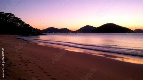 Serene beach landscape at sunset with soft pastel colors and gentle waves