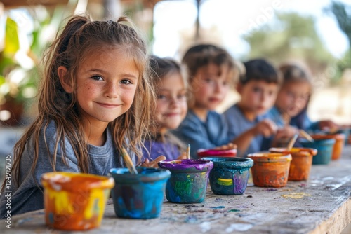 Happy children enjoying a colorful outdoor painting activity photo