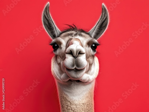 Llama head wearing a hat, smiling widely at the camera.