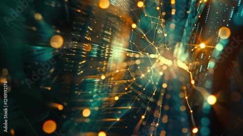 Glowing interconnected network of nodes and lines symbolizing open-source collaboration, abstract digital patterns in the background. Technology and innovation concepts.