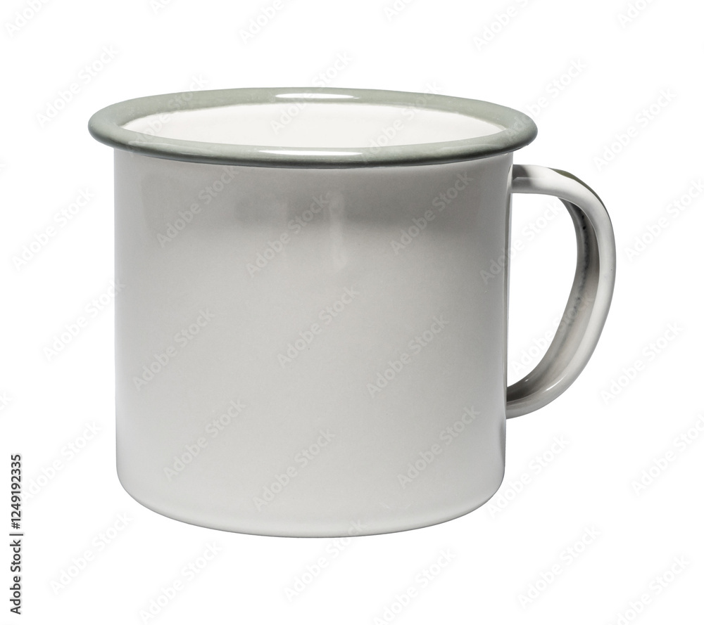 Classic enamel mug with dark rim perfect for enjoying hot beverages outdoors or at home. Ideal for camping trips or casual gatherings. Classic enamel mug with dark rim perfect for enjoying hot beverages outdoors or at home. Ideal for camping trips or casual gatherings.