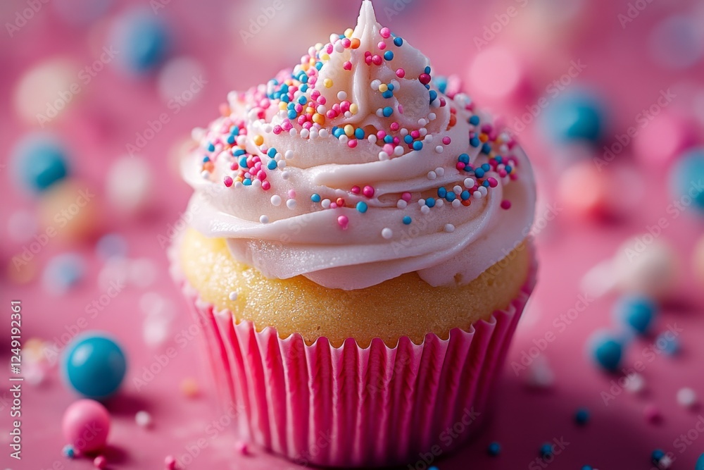 Cupcake topped with colorful sprinkles and a soft frosting swirl Cupcake topped with colorful sprinkles and a soft frosting swirl