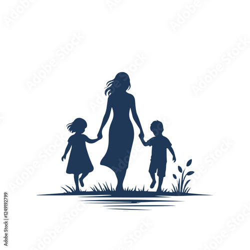 Mother with Her Children Silhouette Vector Illustration