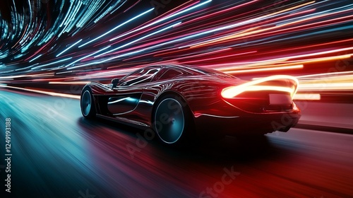 Futuristic red sports car drives speed tunnel, high speed vibrant streaks of red, blue and white lights, night road with motion blurred light

