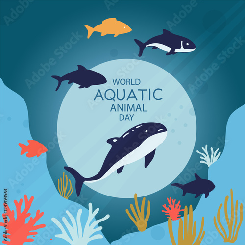 A serene and educational banner for World Aquatic Animal Day, showcasing a variety of aquatic animals in their natural habitats. Vector illustration.